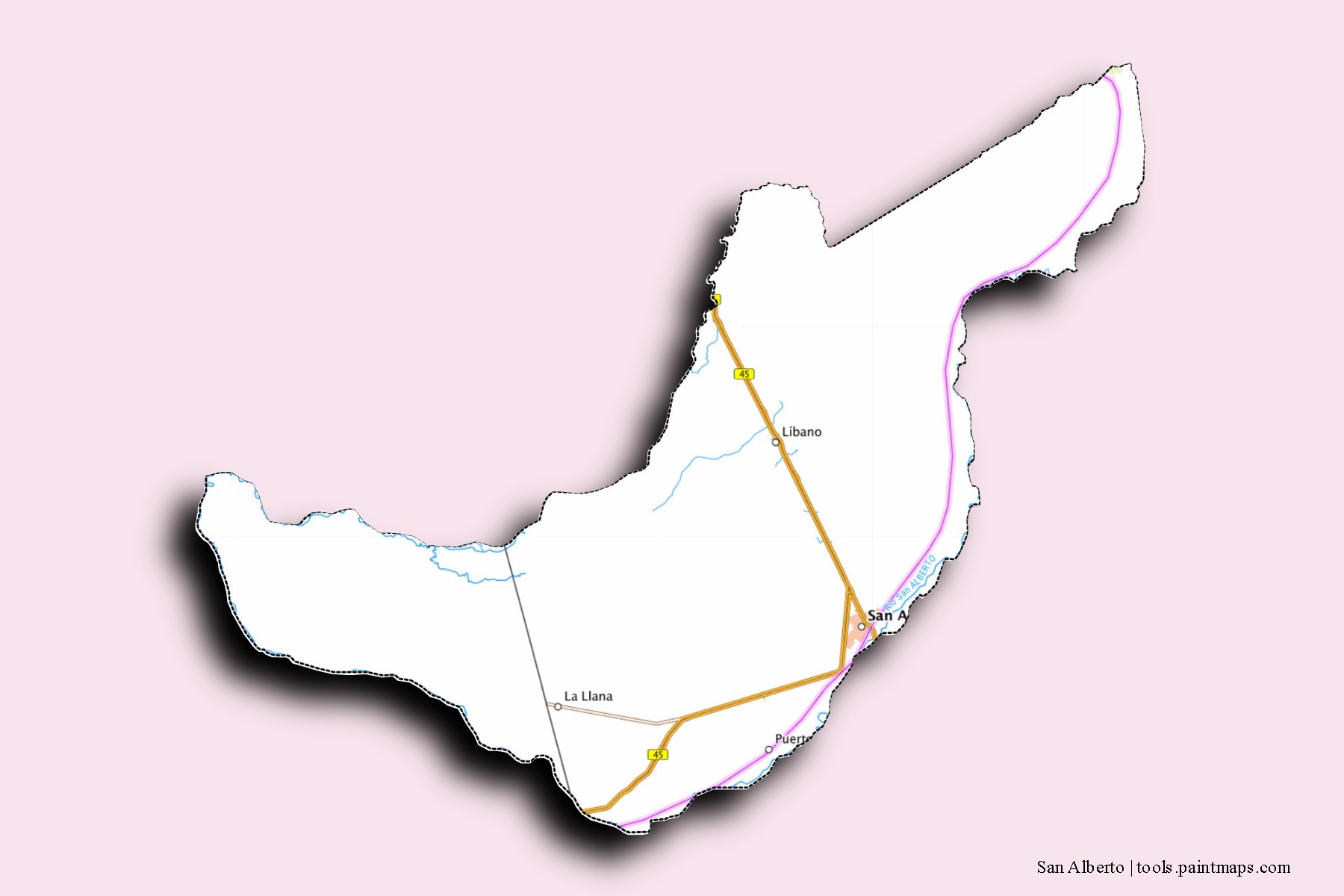 San Alberto neighborhoods and villages map with 3D shadow effect