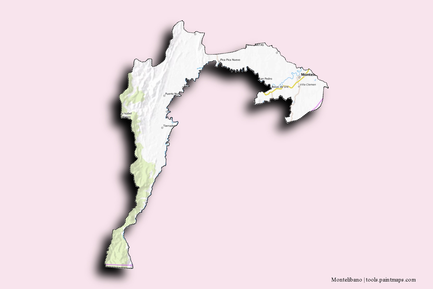 Mapa de barrios y pueblos de Montelíbano con efecto de sombra 3D