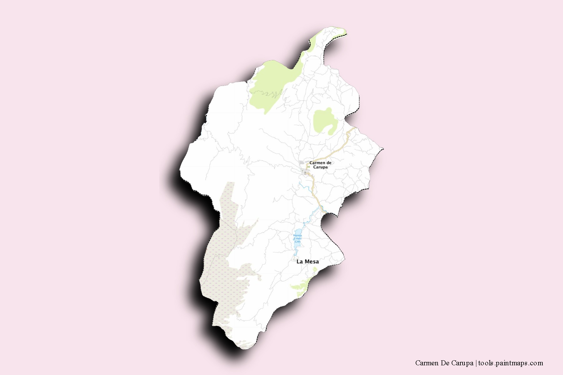 Mapa de barrios y pueblos de Carmen De Carupa con efecto de sombra 3D