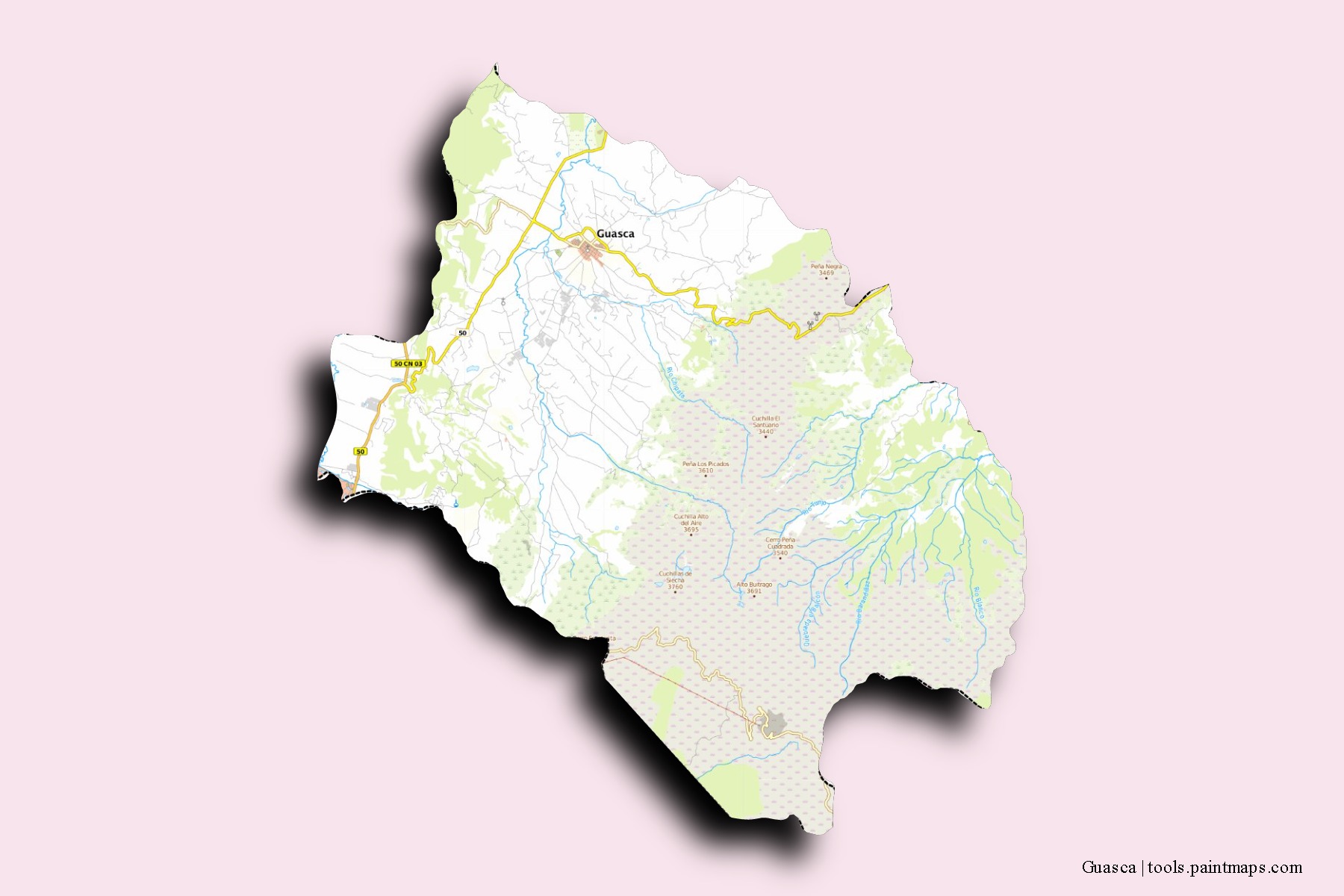 Guasca neighborhoods and villages map with 3D shadow effect