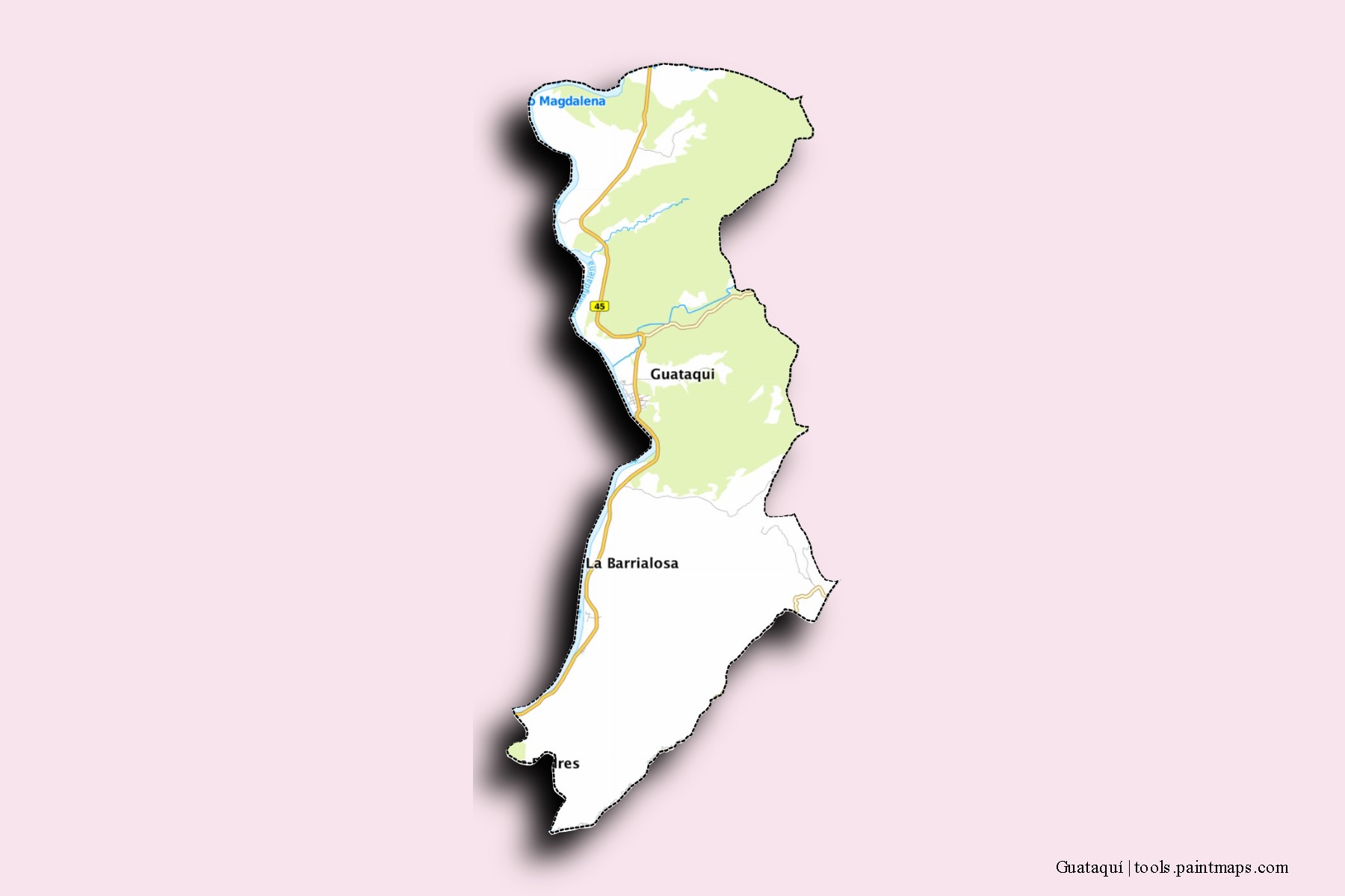 Mapa de barrios y pueblos de Guataquí con efecto de sombra 3D