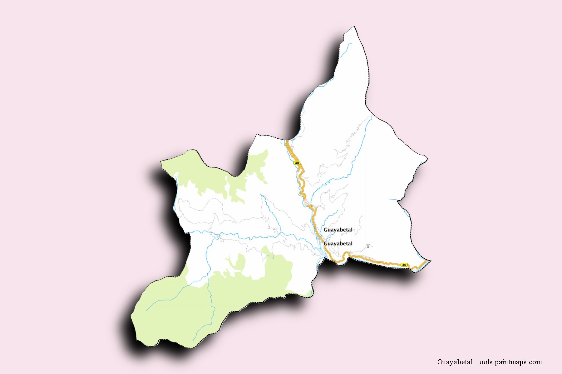 Mapa de barrios y pueblos de Guayabetal con efecto de sombra 3D