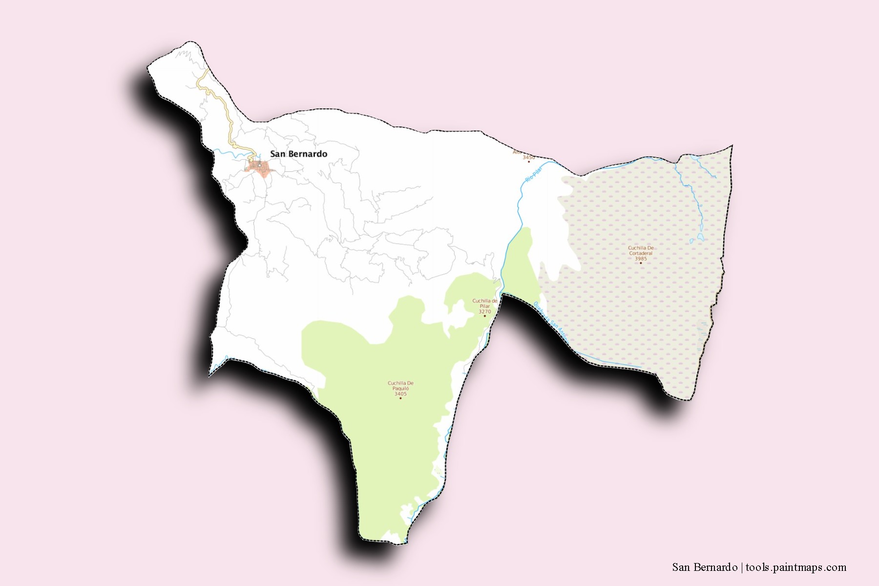 San Bernardo neighborhoods and villages map with 3D shadow effect