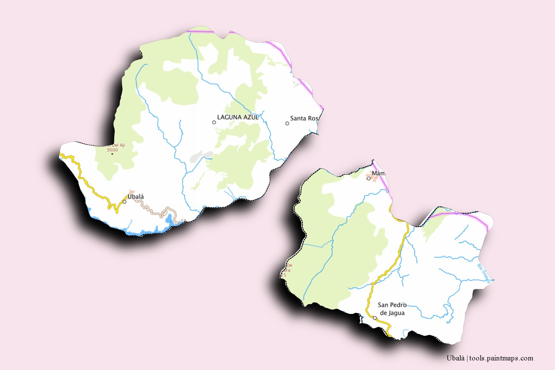 Mapa de barrios y pueblos de Ubalá con efecto de sombra 3D