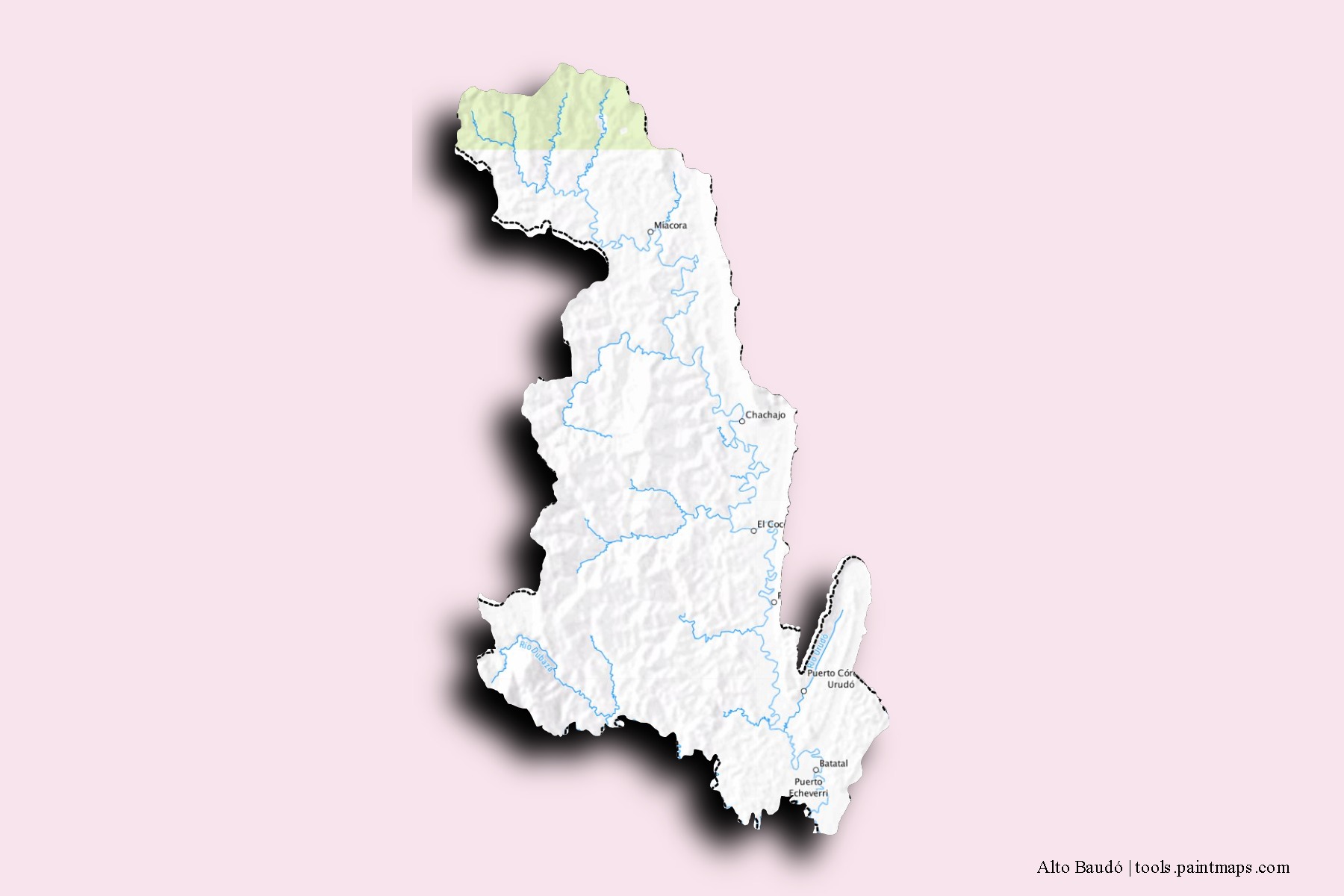 Mapa de barrios y pueblos de Alto Baudó con efecto de sombra 3D