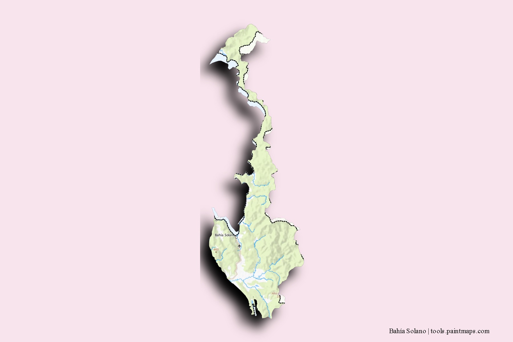 Mapa de barrios y pueblos de Bahía Solano con efecto de sombra 3D