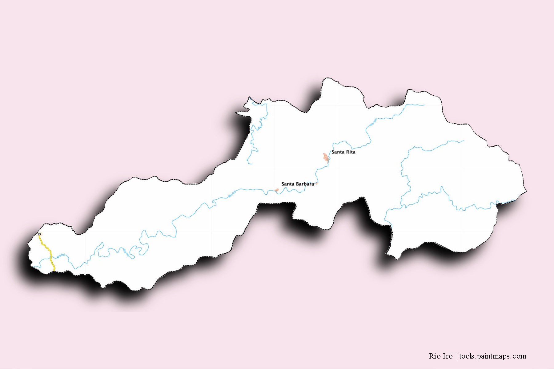 3D gölge efektli Río Iró mahalleleri ve köyleri haritası