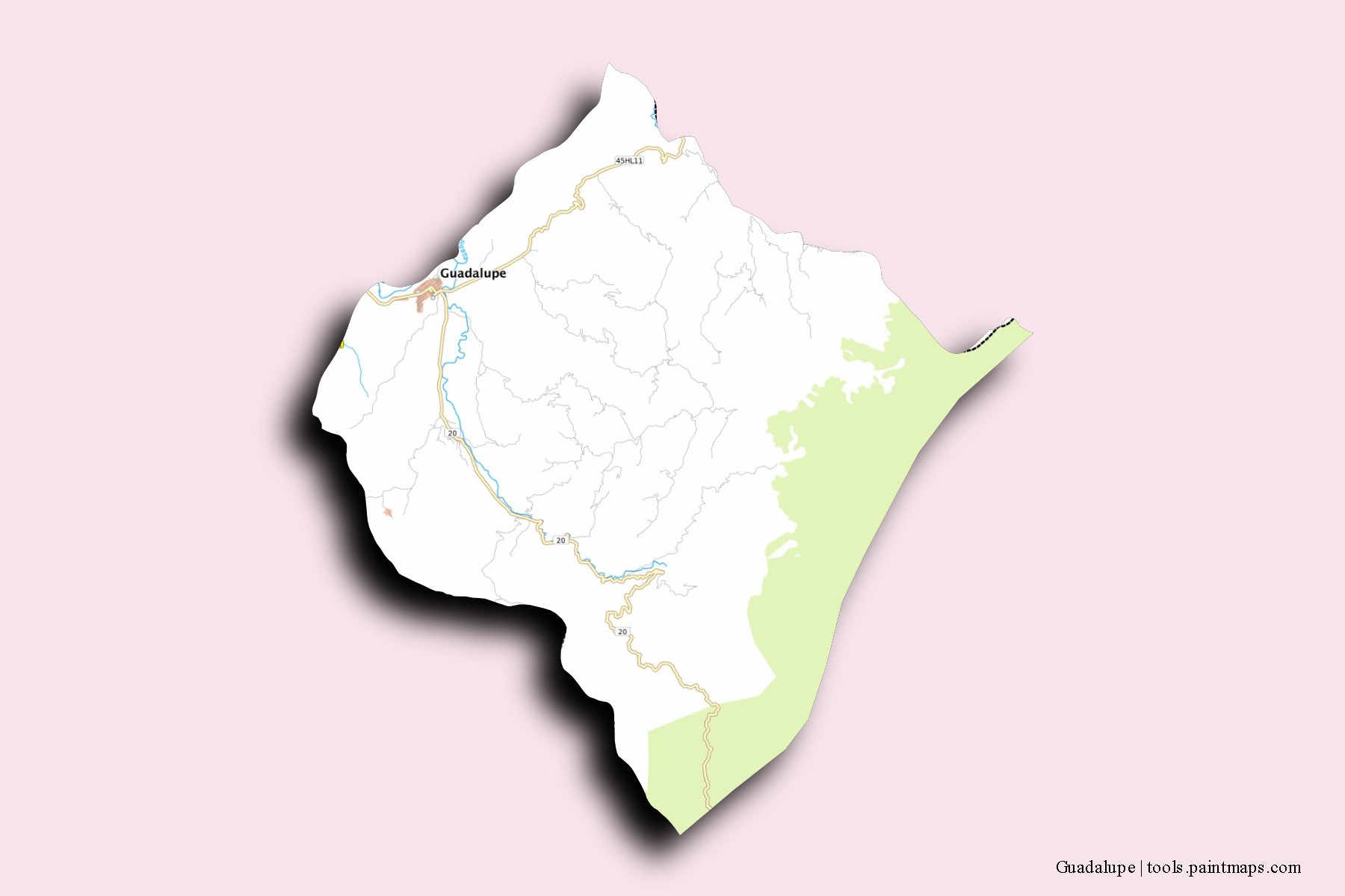 Mapa de barrios y pueblos de Guadalupe con efecto de sombra 3D