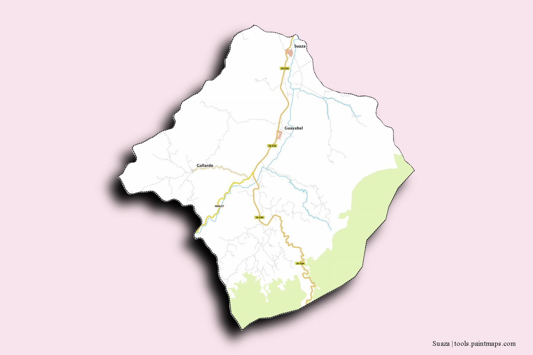 Mapa de barrios y pueblos de Suaza con efecto de sombra 3D