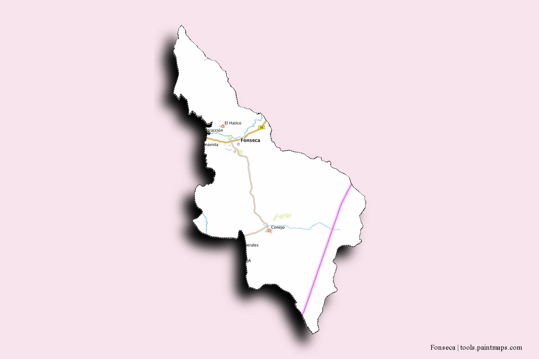 Fonseca neighborhoods and villages map with 3D shadow effect