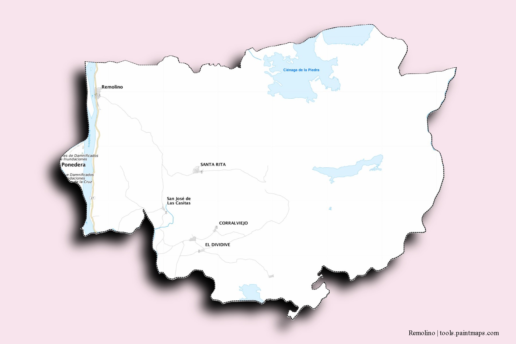 Mapa de barrios y pueblos de Remolino con efecto de sombra 3D