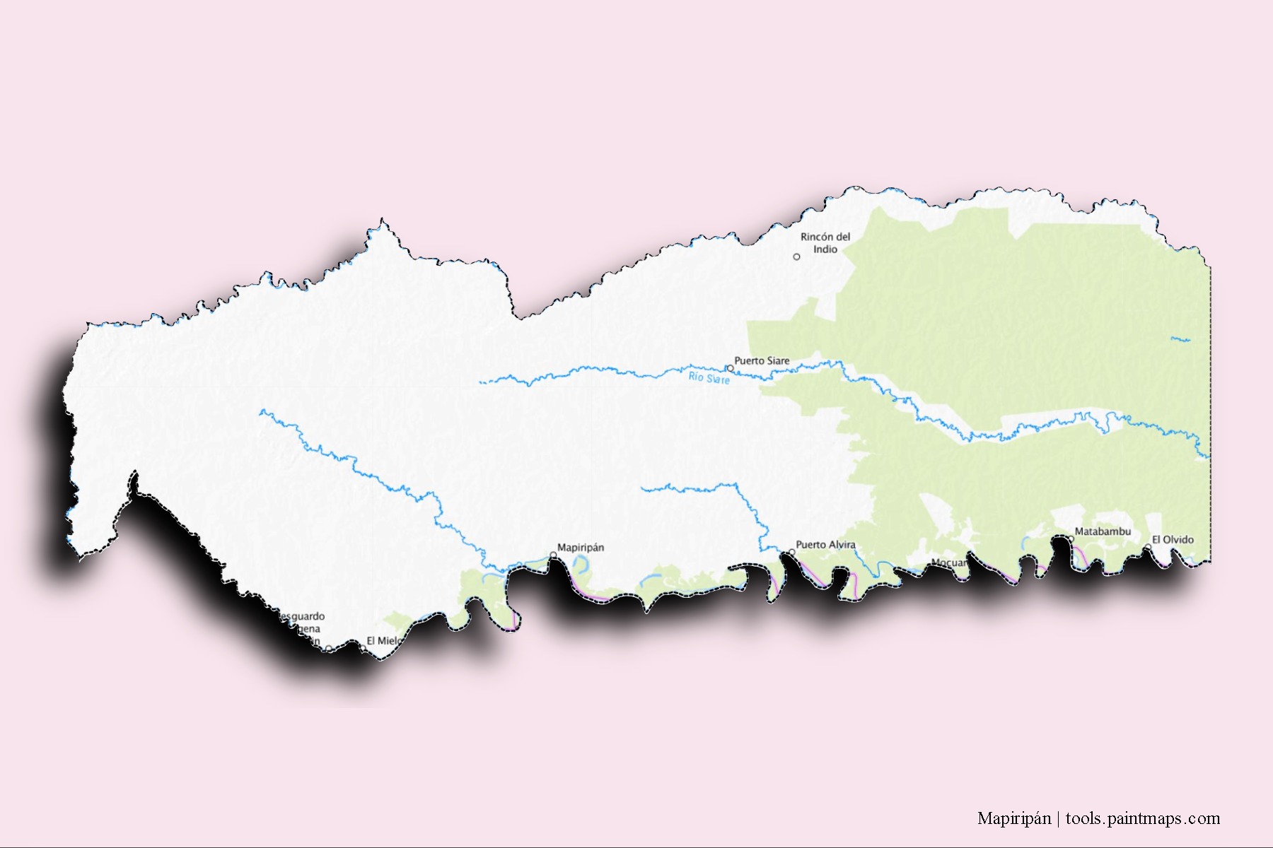 Mapiripán neighborhoods and villages map with 3D shadow effect