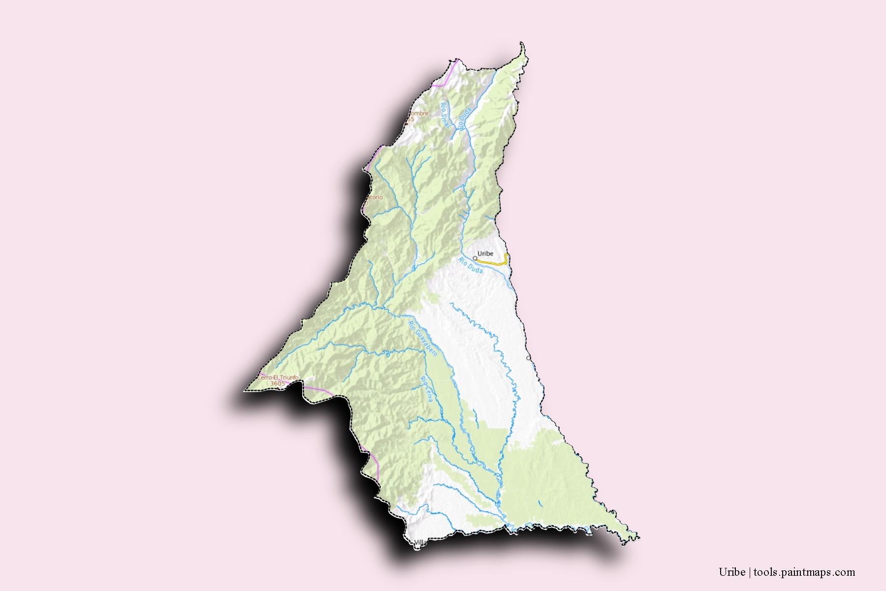 Mapa de barrios y pueblos de Uribe con efecto de sombra 3D