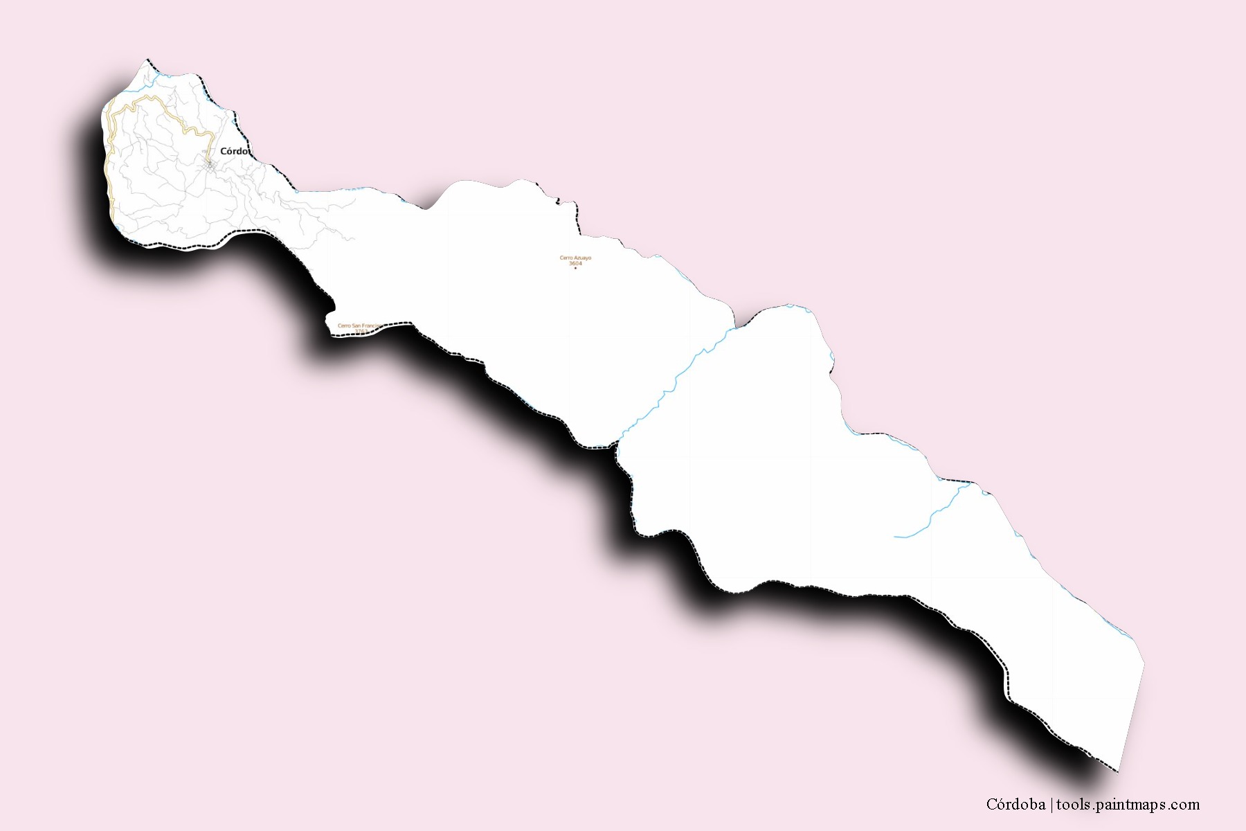 Mapa de barrios y pueblos de Córdoba con efecto de sombra 3D