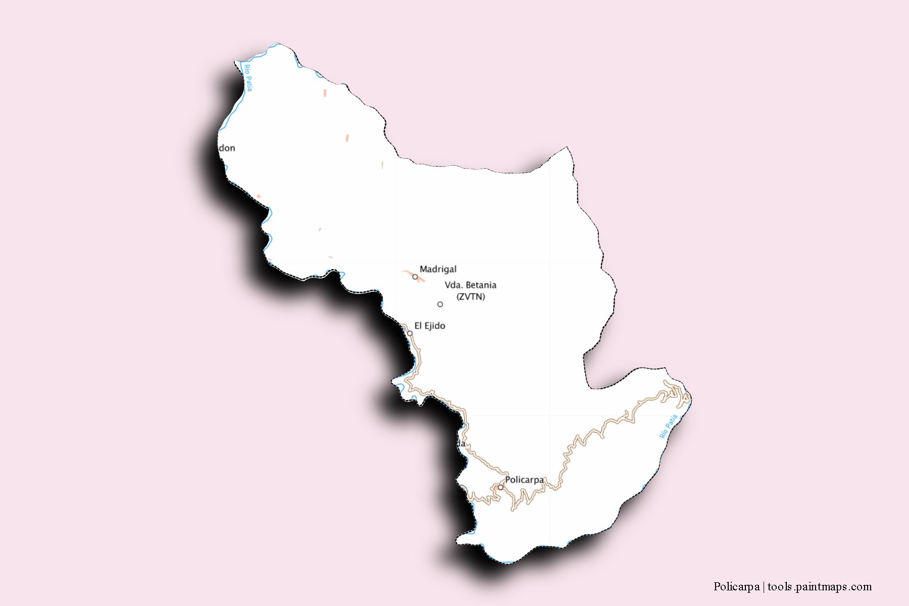 Mapa de barrios y pueblos de Policarpa con efecto de sombra 3D