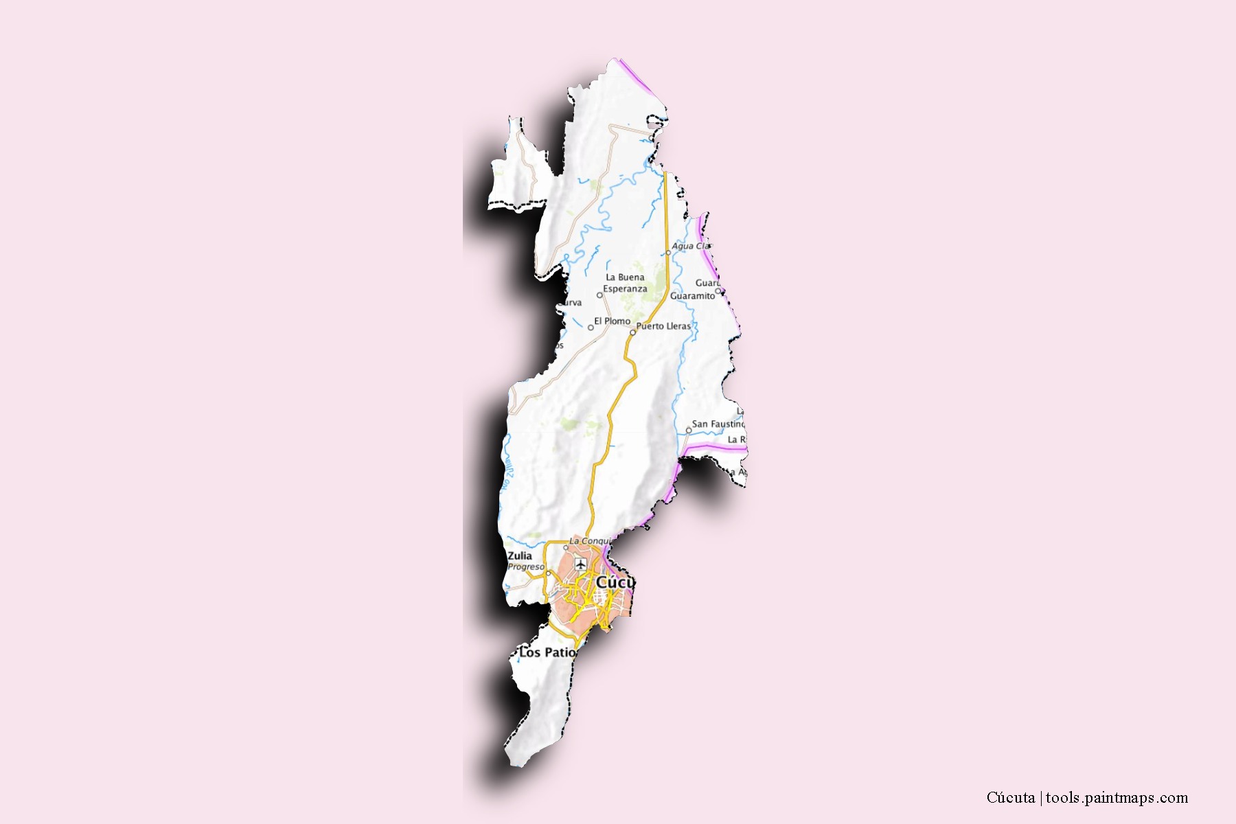 Mapa de barrios y pueblos de Cúcuta con efecto de sombra 3D