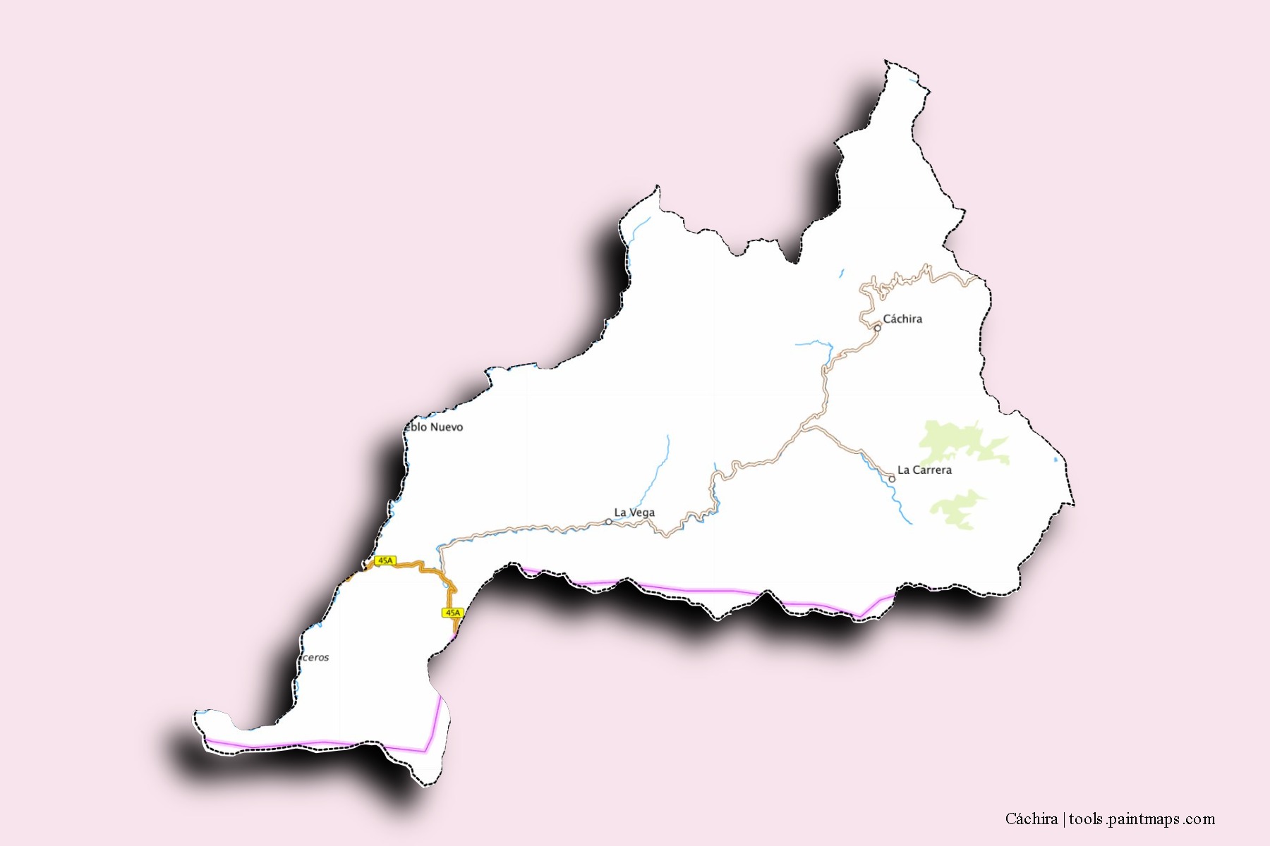 Mapa de barrios y pueblos de Cáchira con efecto de sombra 3D