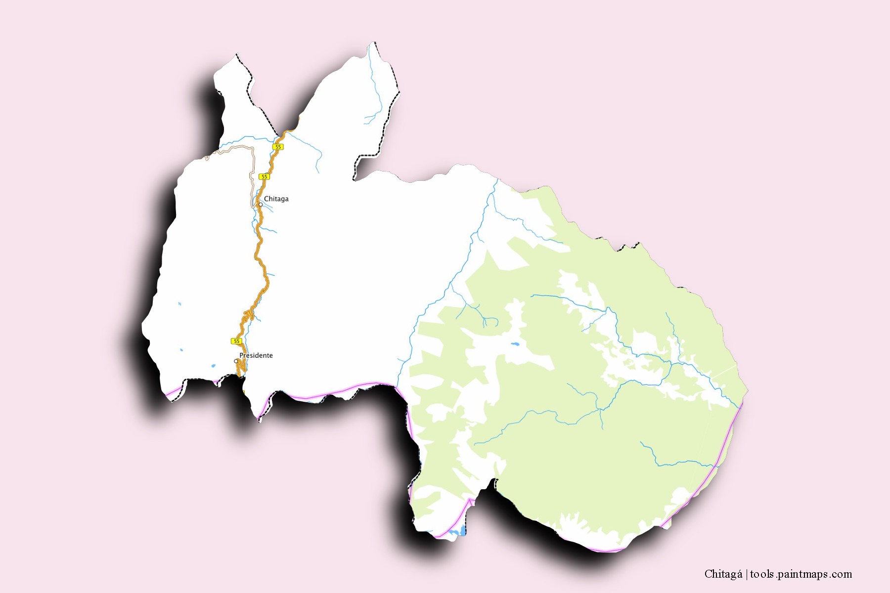 Mapa de barrios y pueblos de Chitagá con efecto de sombra 3D