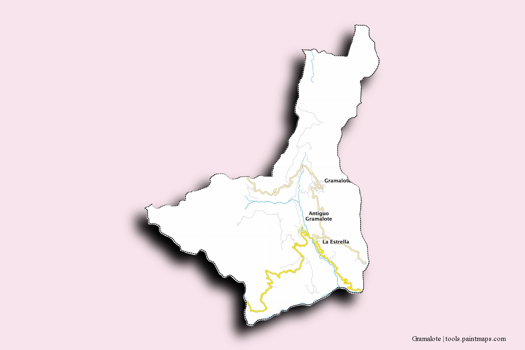 Mapa de barrios y pueblos de Gramalote con efecto de sombra 3D