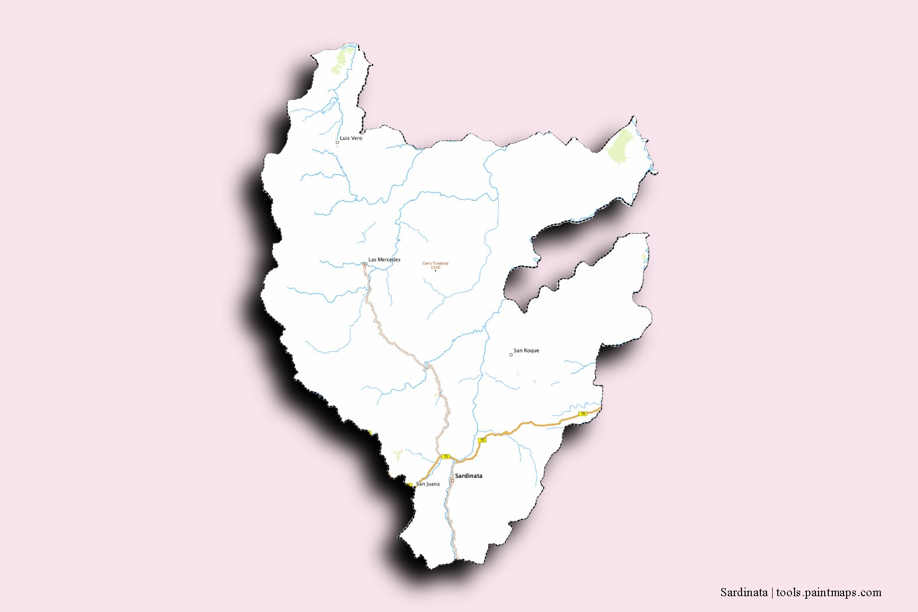 Sardinata neighborhoods and villages map with 3D shadow effect