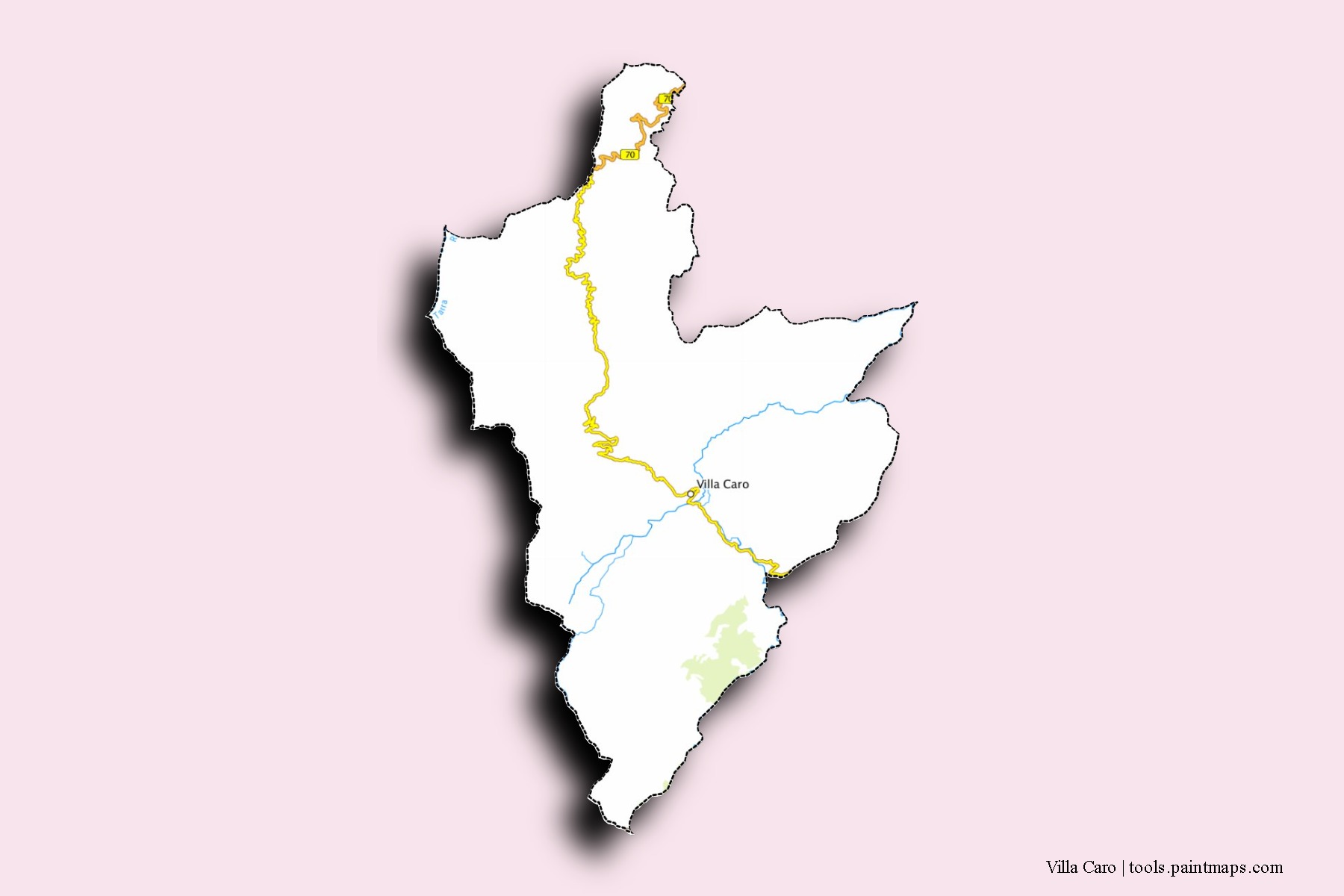 Mapa de barrios y pueblos de Villa Caro con efecto de sombra 3D