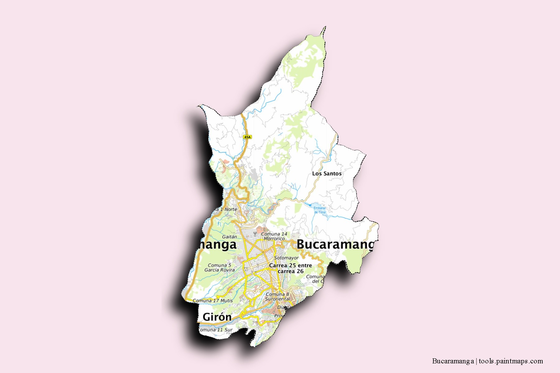 Bucaramanga neighborhoods and villages map with 3D shadow effect