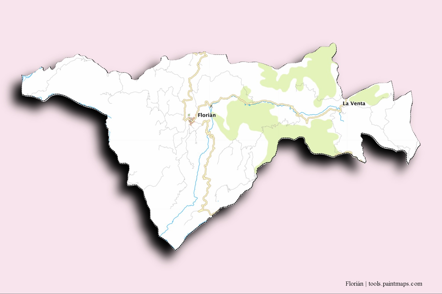 Florián neighborhoods and villages map with 3D shadow effect