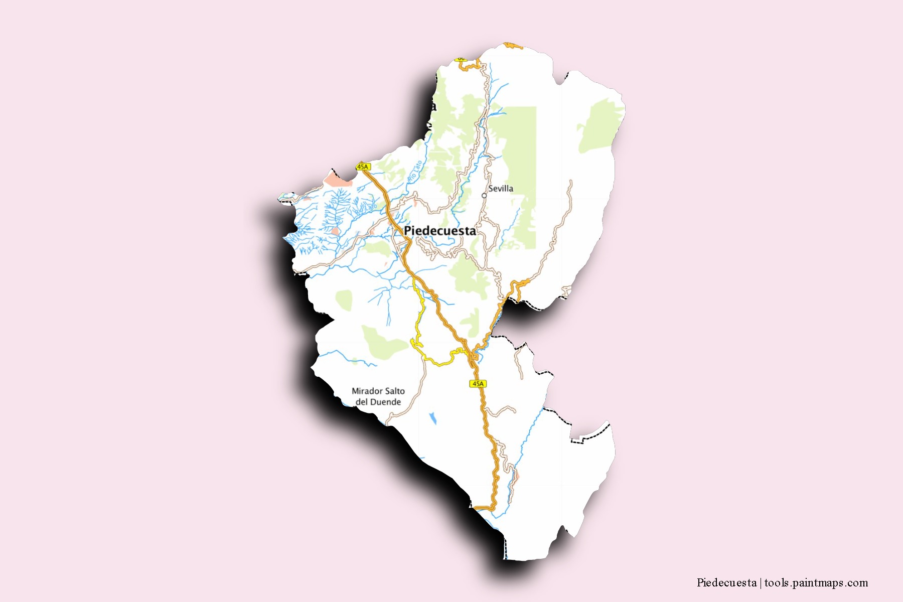 Mapa de barrios y pueblos de Piedecuesta con efecto de sombra 3D