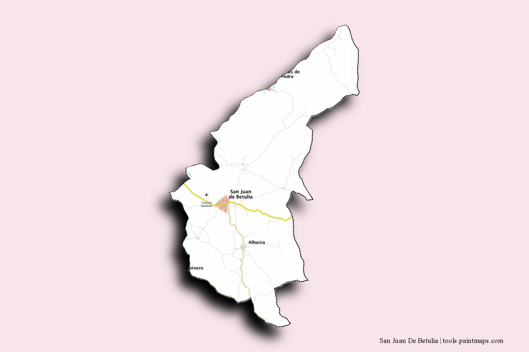 Mapa de barrios y pueblos de San Juan De Betulia con efecto de sombra 3D