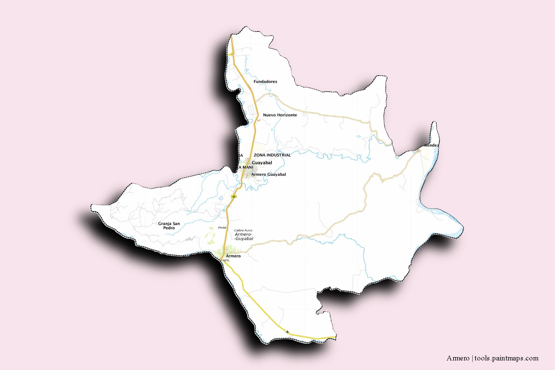 Armero neighborhoods and villages map with 3D shadow effect