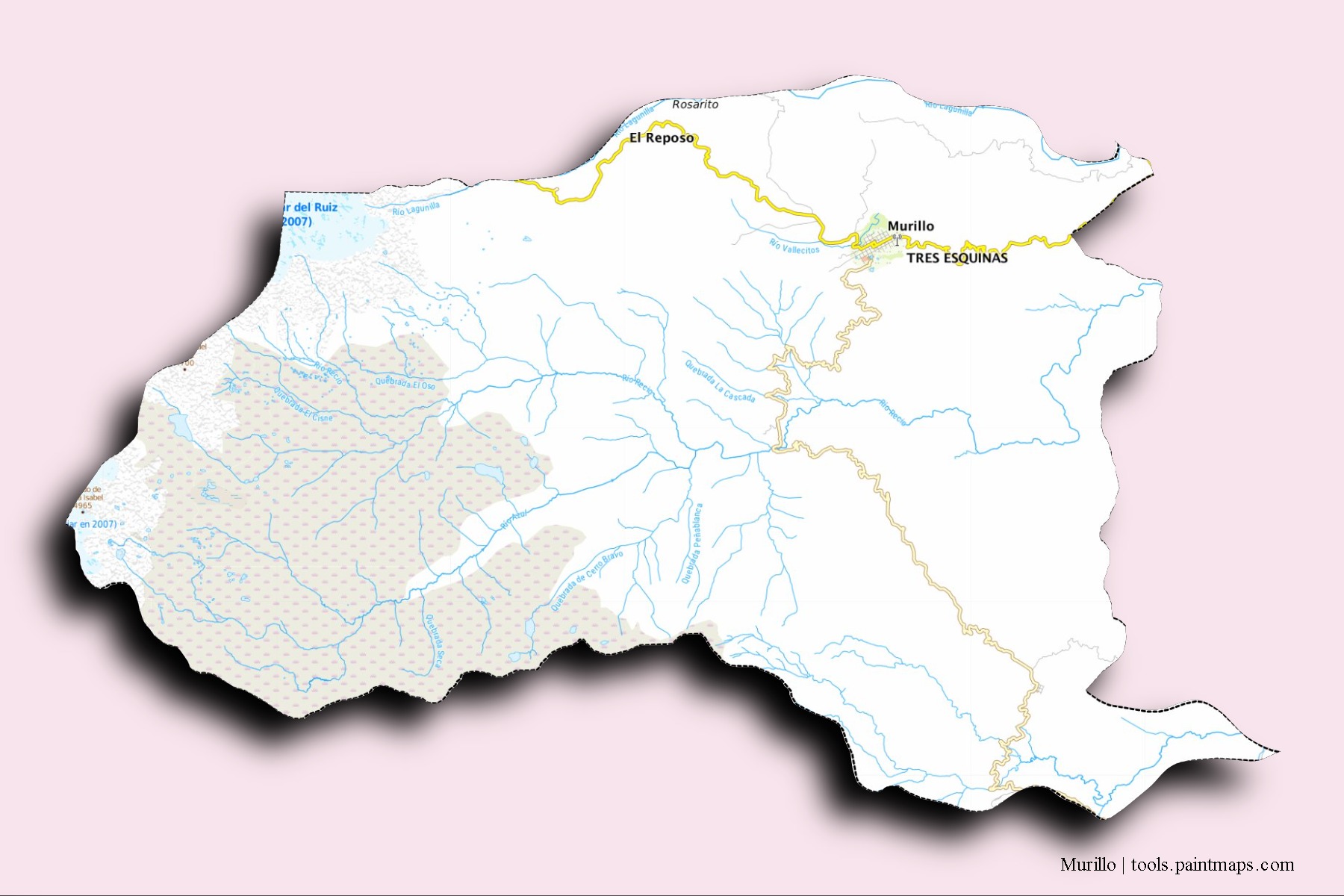 Mapa de barrios y pueblos de Murillo con efecto de sombra 3D