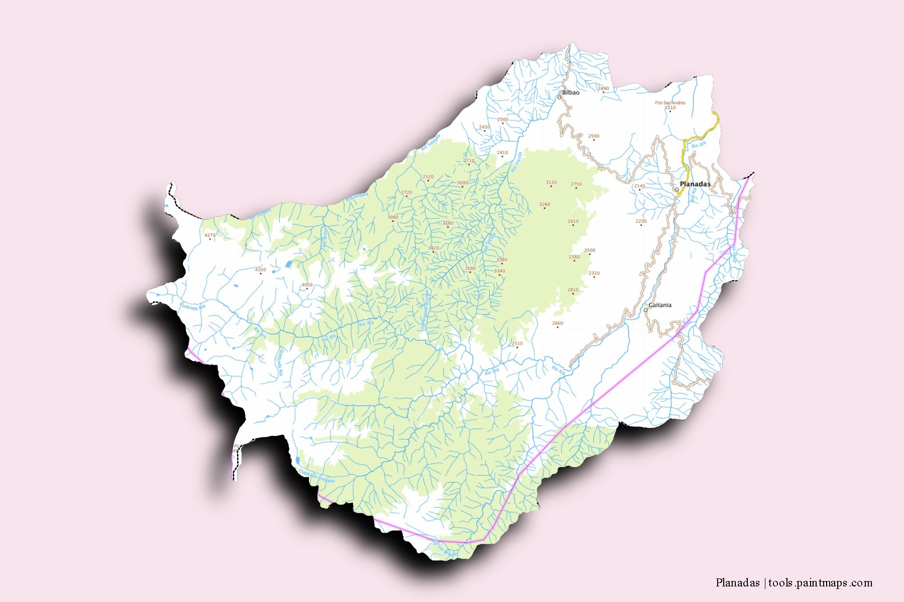 Mapa de barrios y pueblos de Planadas con efecto de sombra 3D