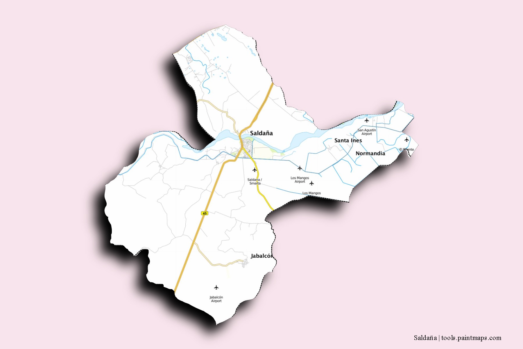 Saldaña neighborhoods and villages map with 3D shadow effect