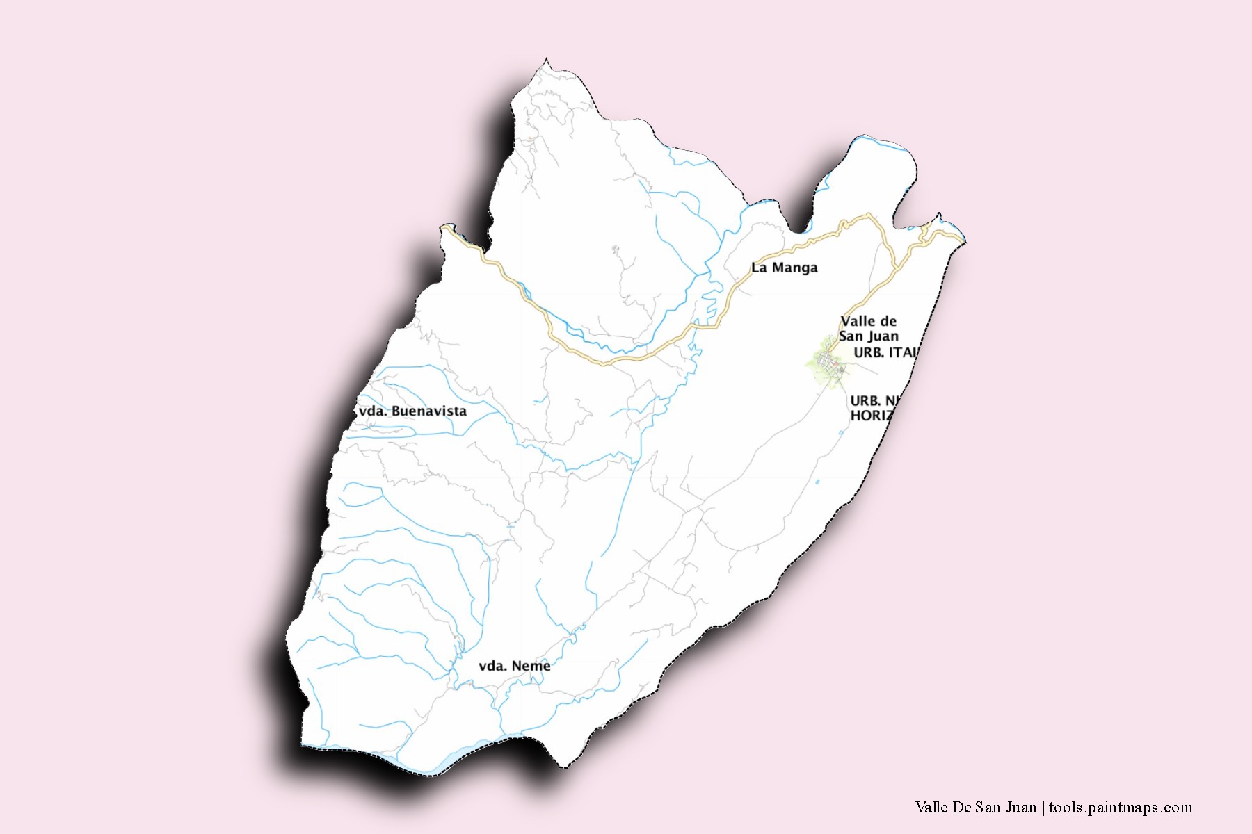 Mapa de barrios y pueblos de Valle De San Juan con efecto de sombra 3D