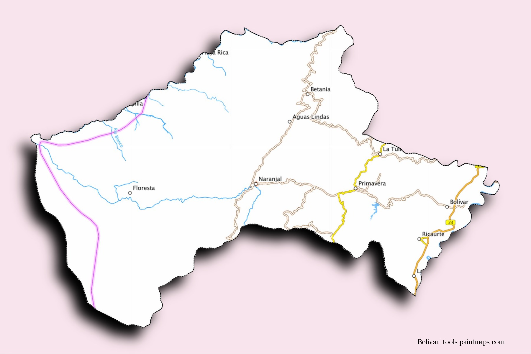 Mapa de barrios y pueblos de Bolívar con efecto de sombra 3D