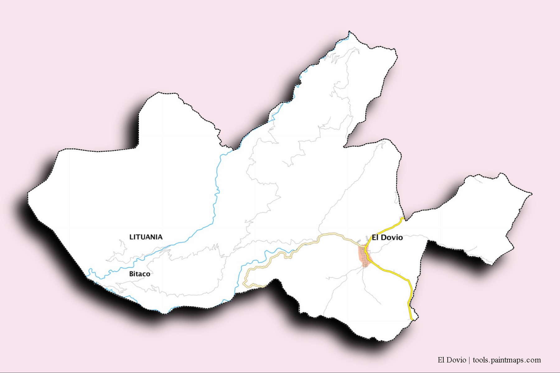 Mapa de barrios y pueblos de El Dovio con efecto de sombra 3D