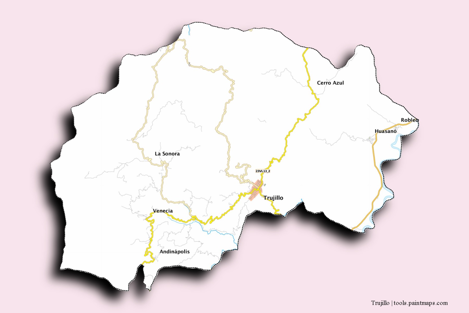 Mapa de barrios y pueblos de Trujillo con efecto de sombra 3D