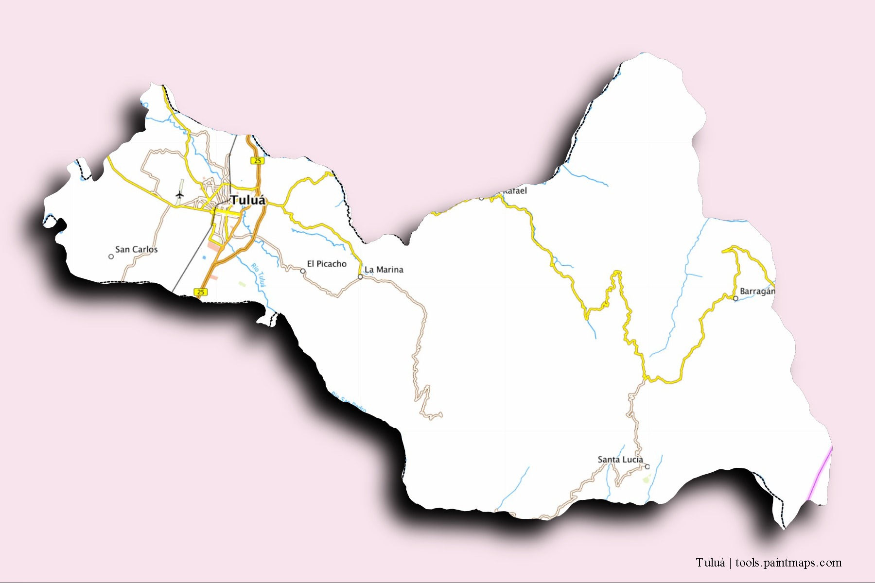 Mapa de barrios y pueblos de Tuluá con efecto de sombra 3D