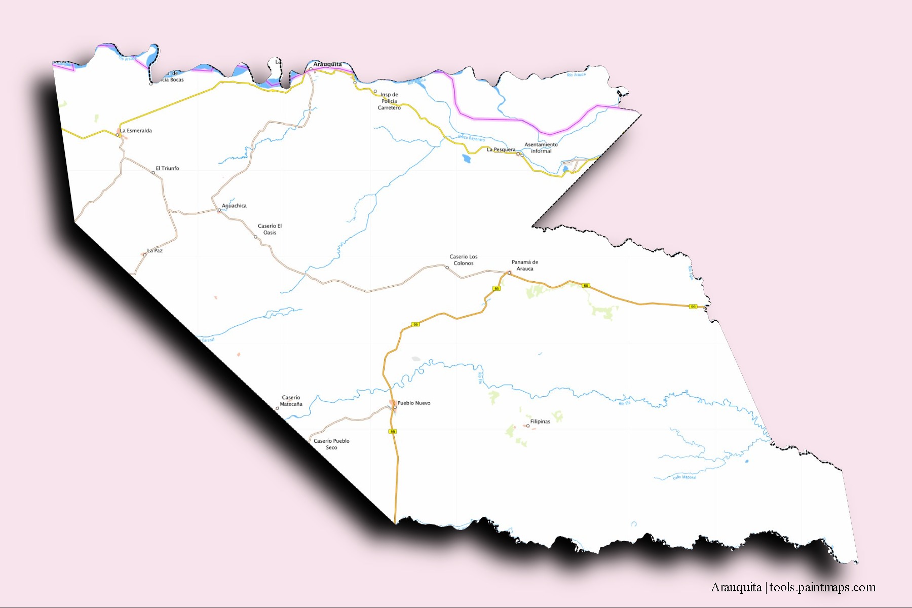 Arauquita neighborhoods and villages map with 3D shadow effect