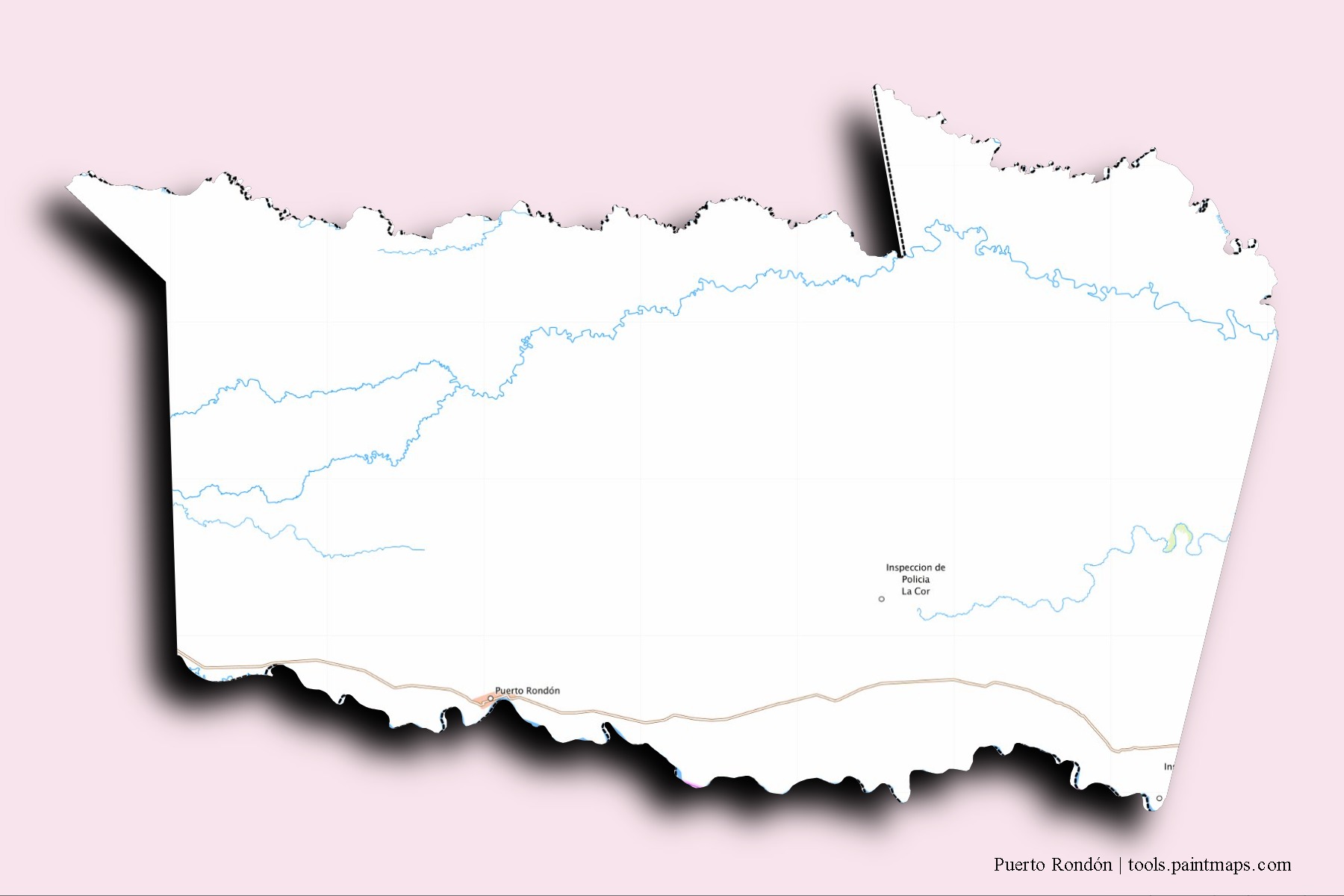 3D gölge efektli Puerto Rondón mahalleleri ve köyleri haritası