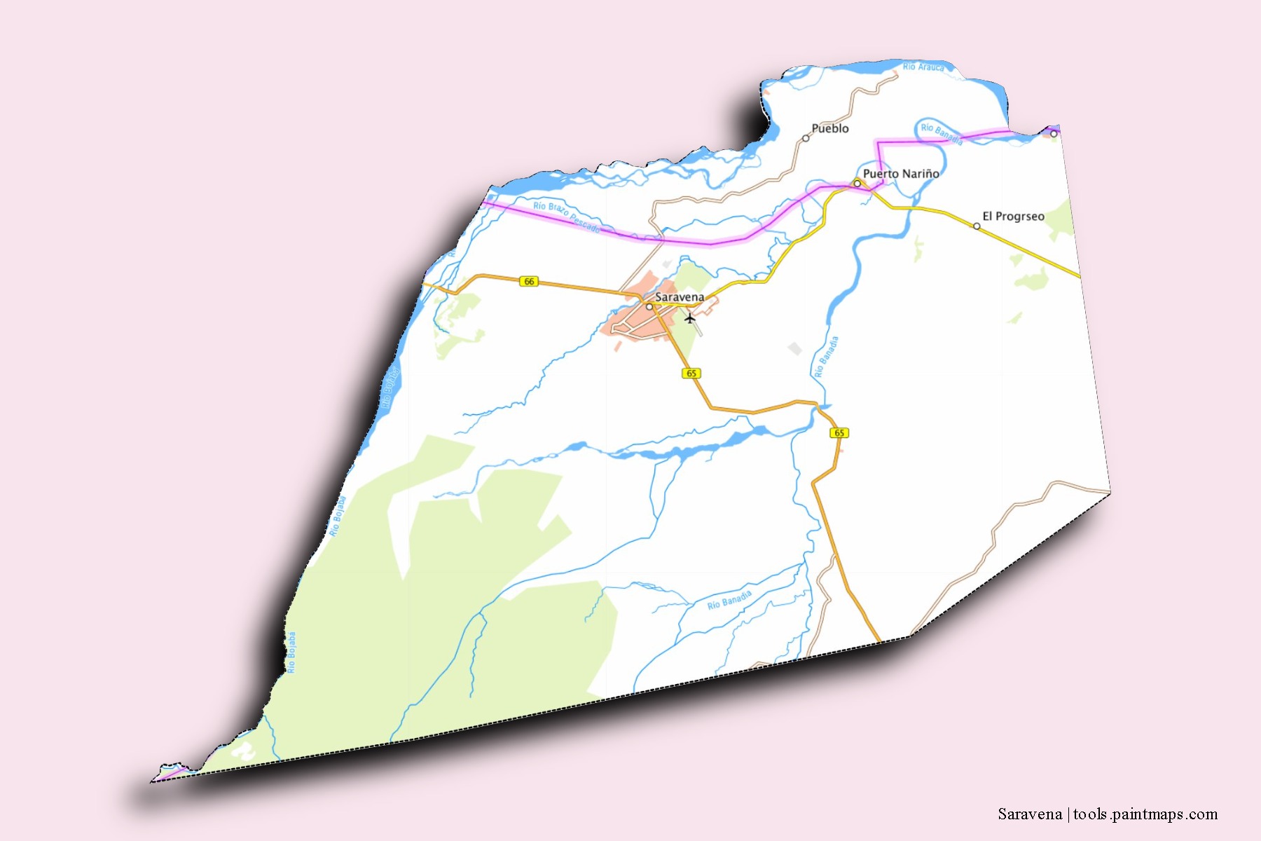 Saravena neighborhoods and villages map with 3D shadow effect