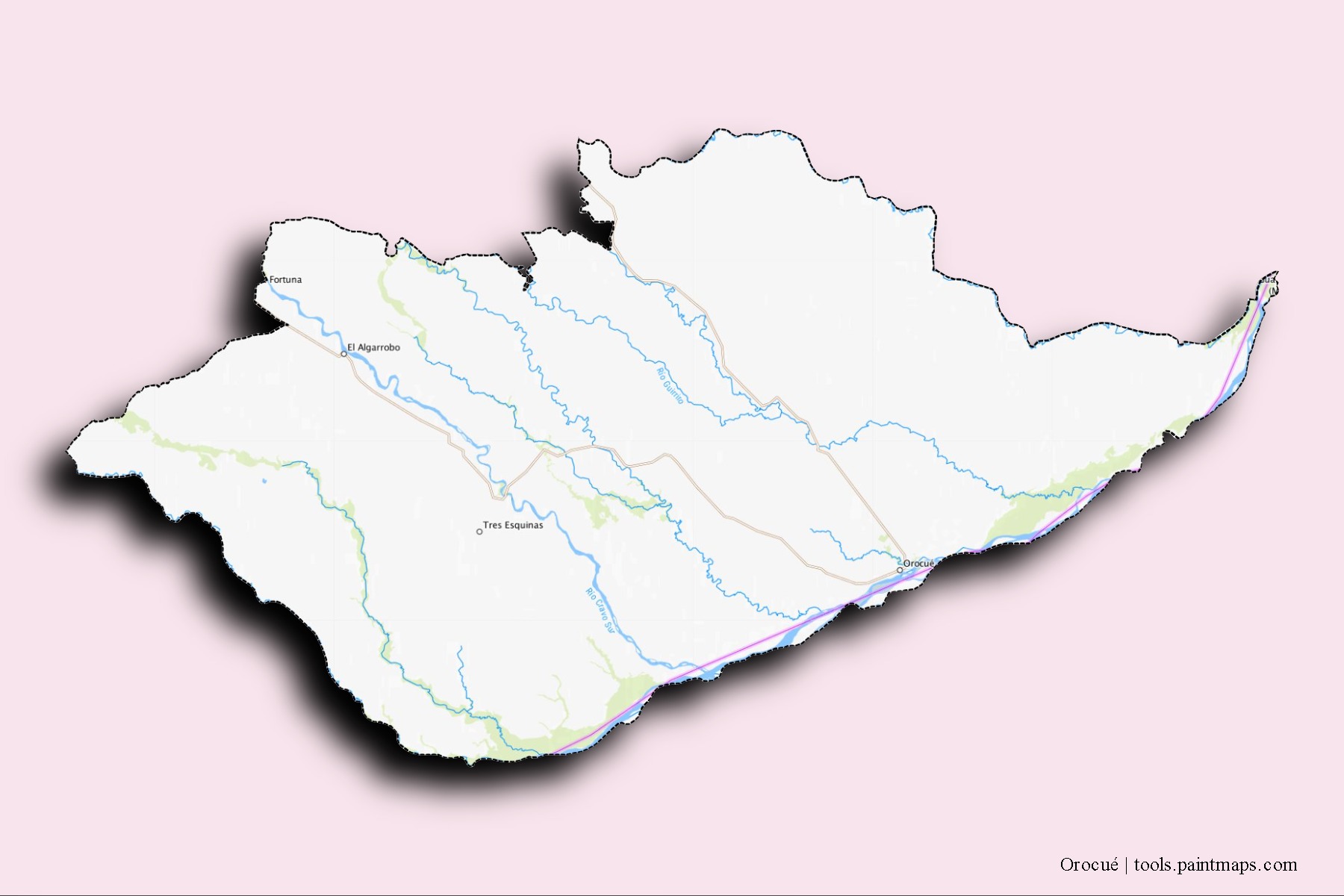 Orocué neighborhoods and villages map with 3D shadow effect