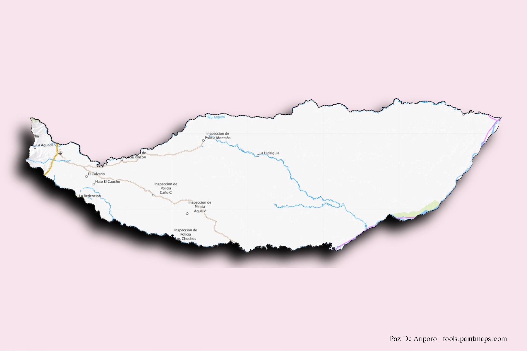 Mapa de barrios y pueblos de Paz De Ariporo con efecto de sombra 3D