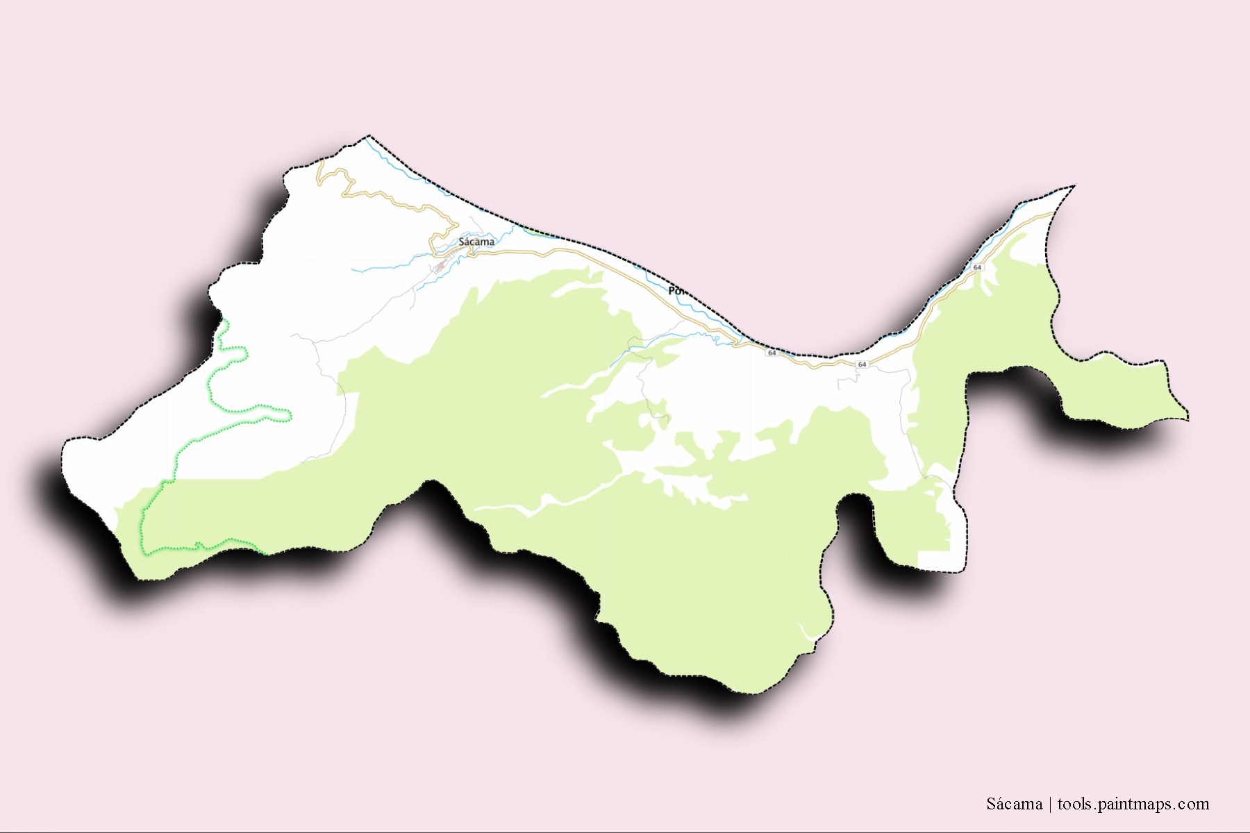 Sácama neighborhoods and villages map with 3D shadow effect