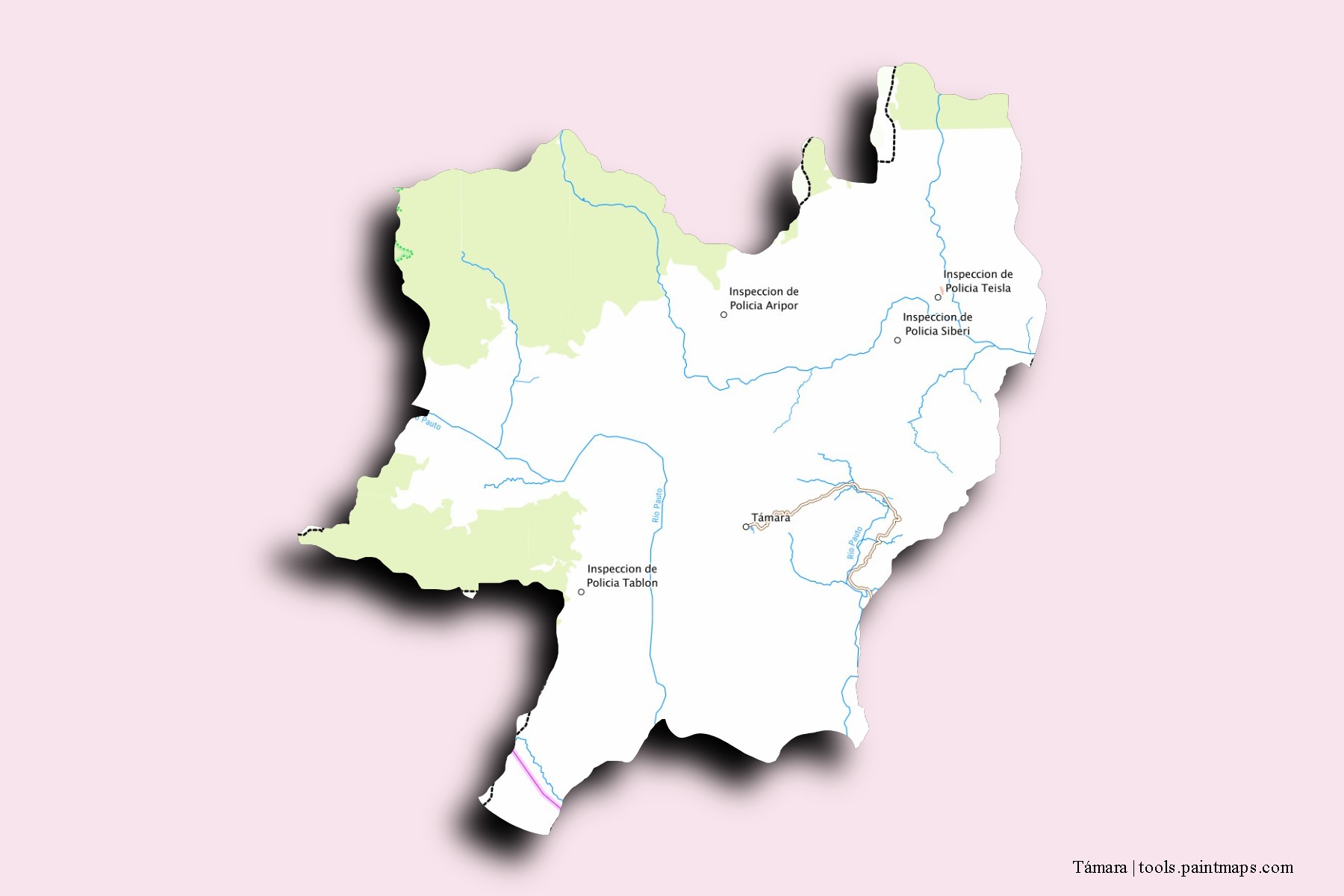 Mapa de barrios y pueblos de Támara con efecto de sombra 3D