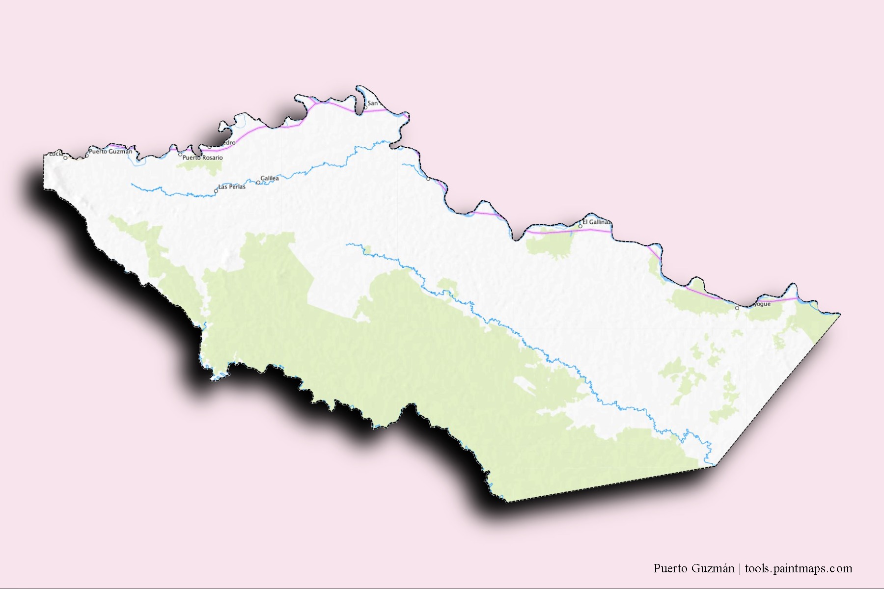 Mapa de barrios y pueblos de Puerto Guzmán con efecto de sombra 3D