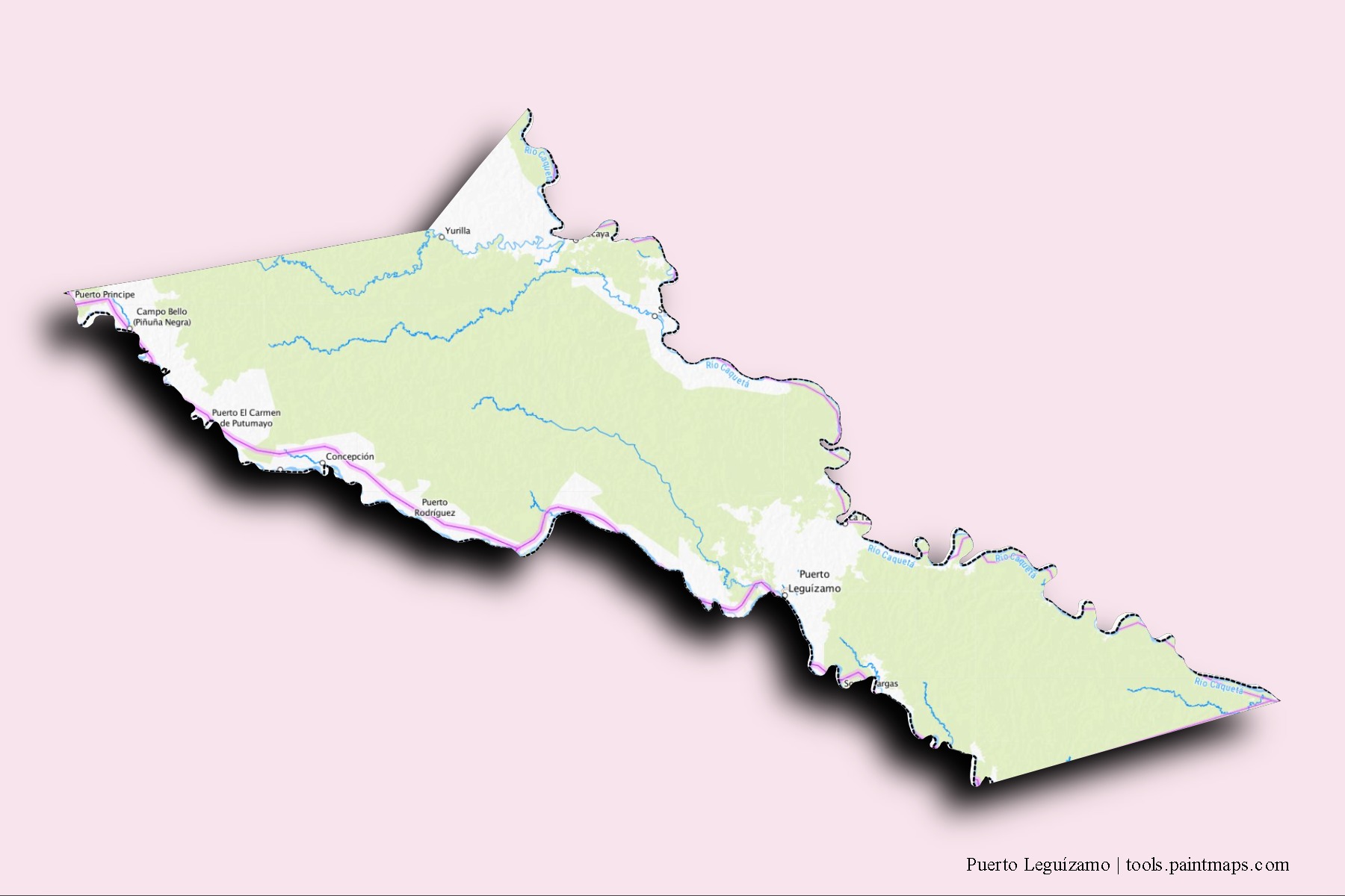 Puerto Leguízamo neighborhoods and villages map with 3D shadow effect