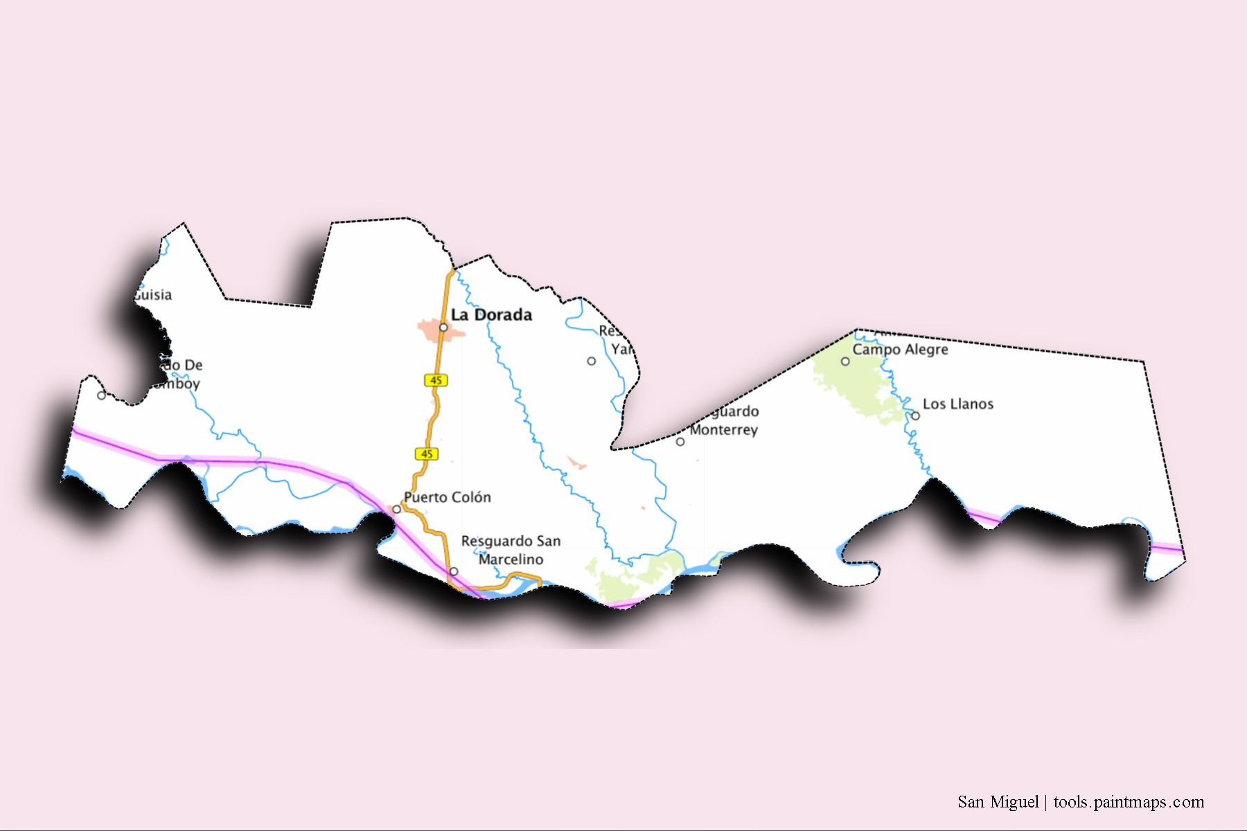 San Miguel neighborhoods and villages map with 3D shadow effect