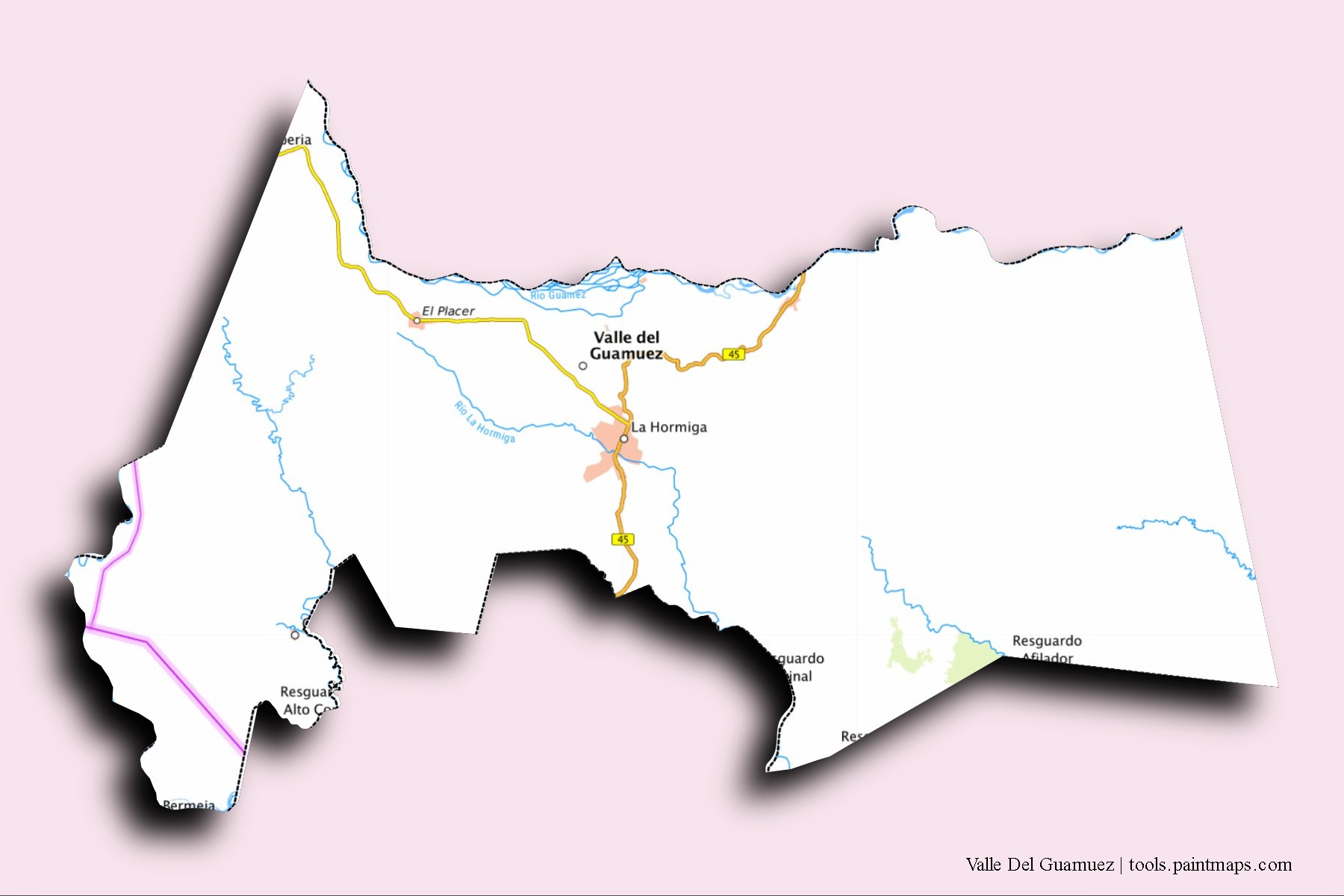 Valle Del Guamuez neighborhoods and villages map with 3D shadow effect