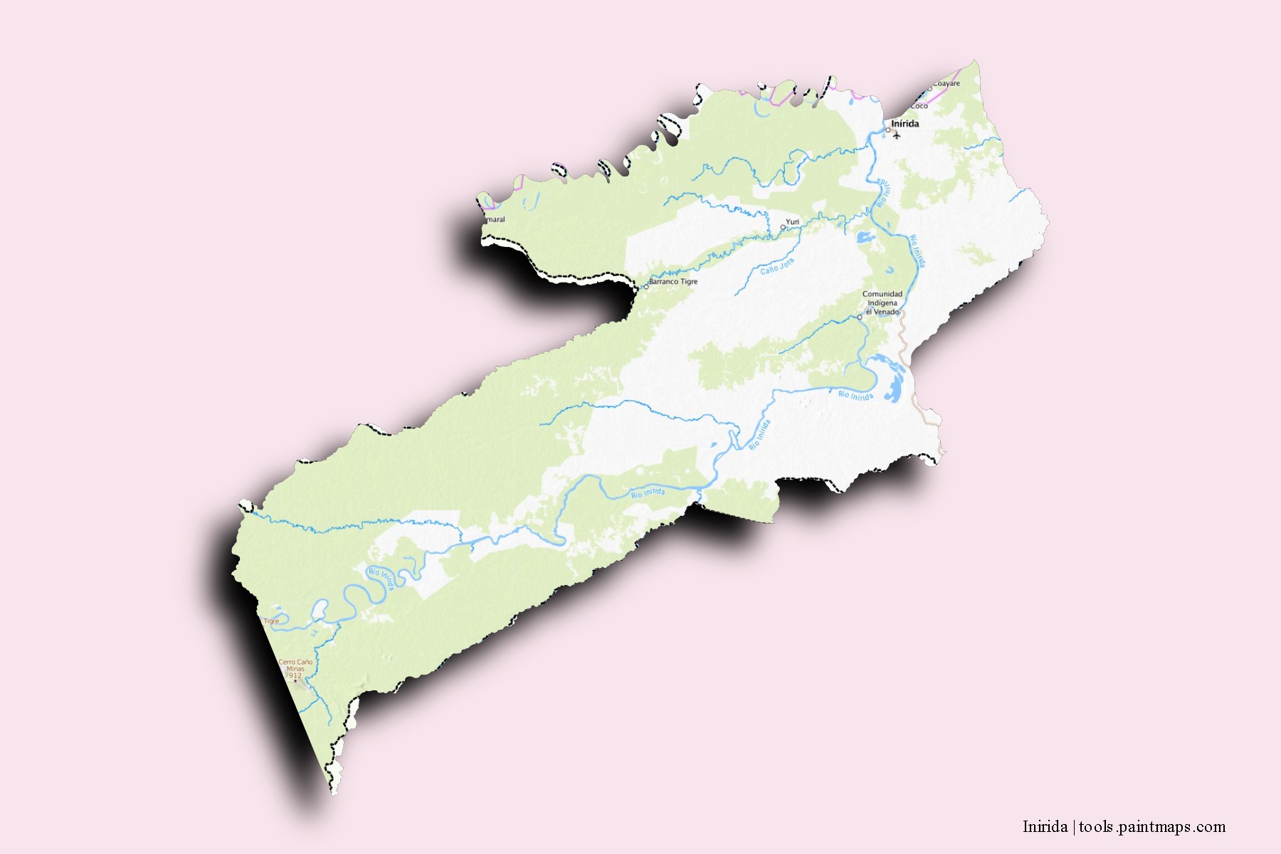 Mapa de barrios y pueblos de Inirida con efecto de sombra 3D